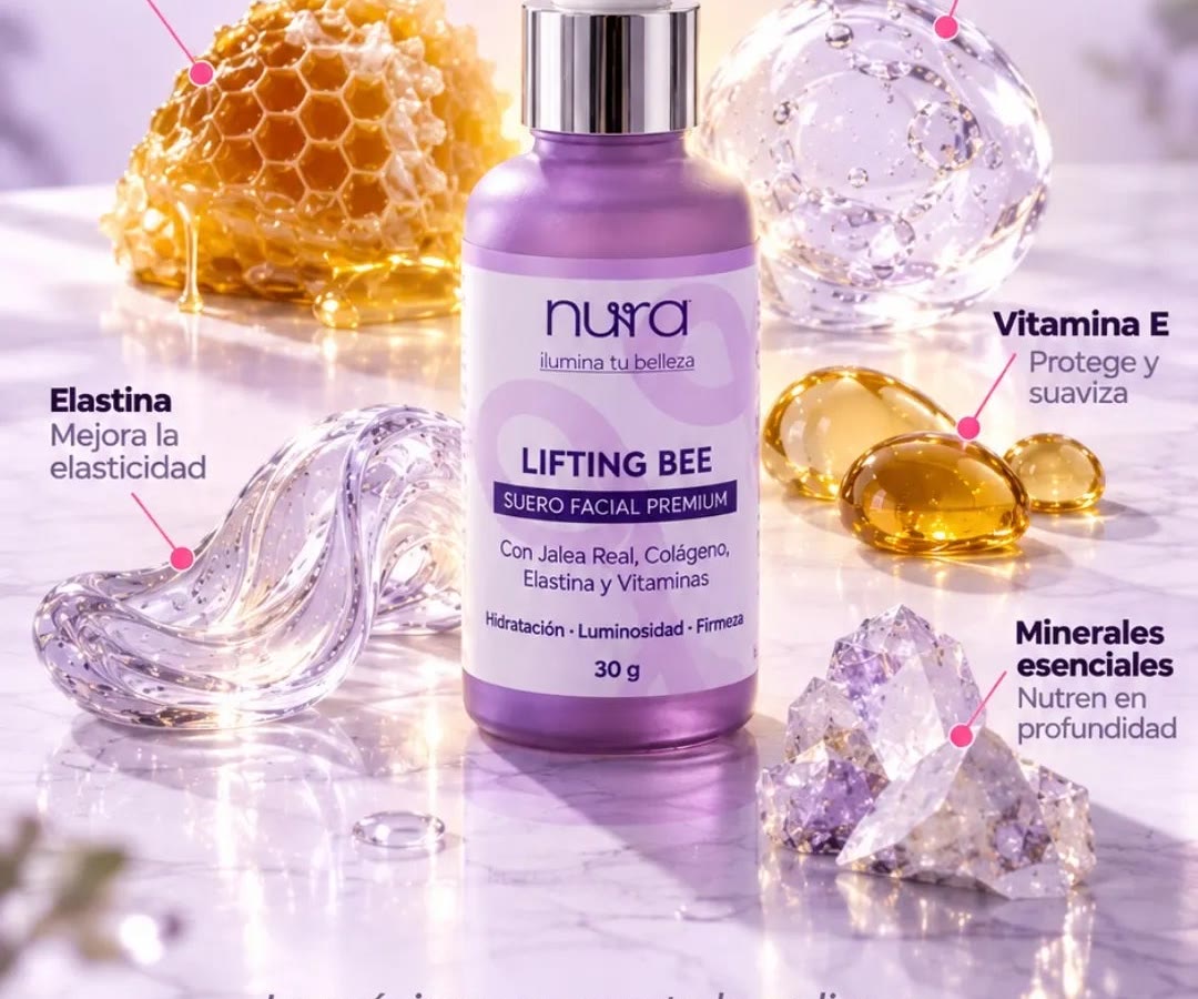 Suero Lifting Bee rodeado de sus ingredientes: jalea real, colágeno, elastina, vitamina E y minerales