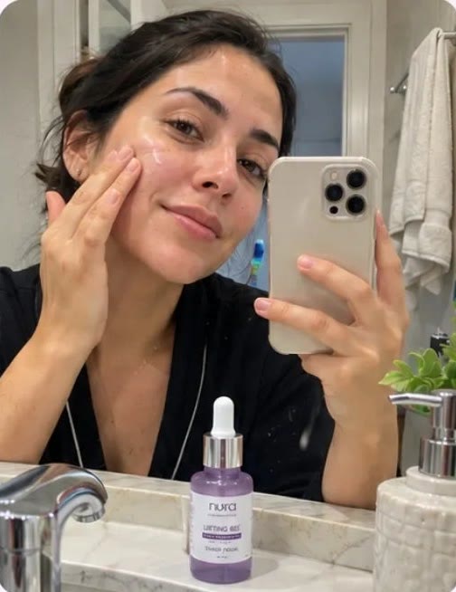 Paola aplicándose el suero frente al espejo